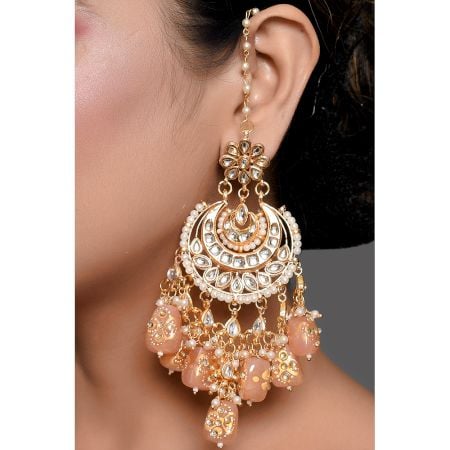 Peach Pearl Mirror Chandelier Earrings with Ear Chain Detailing